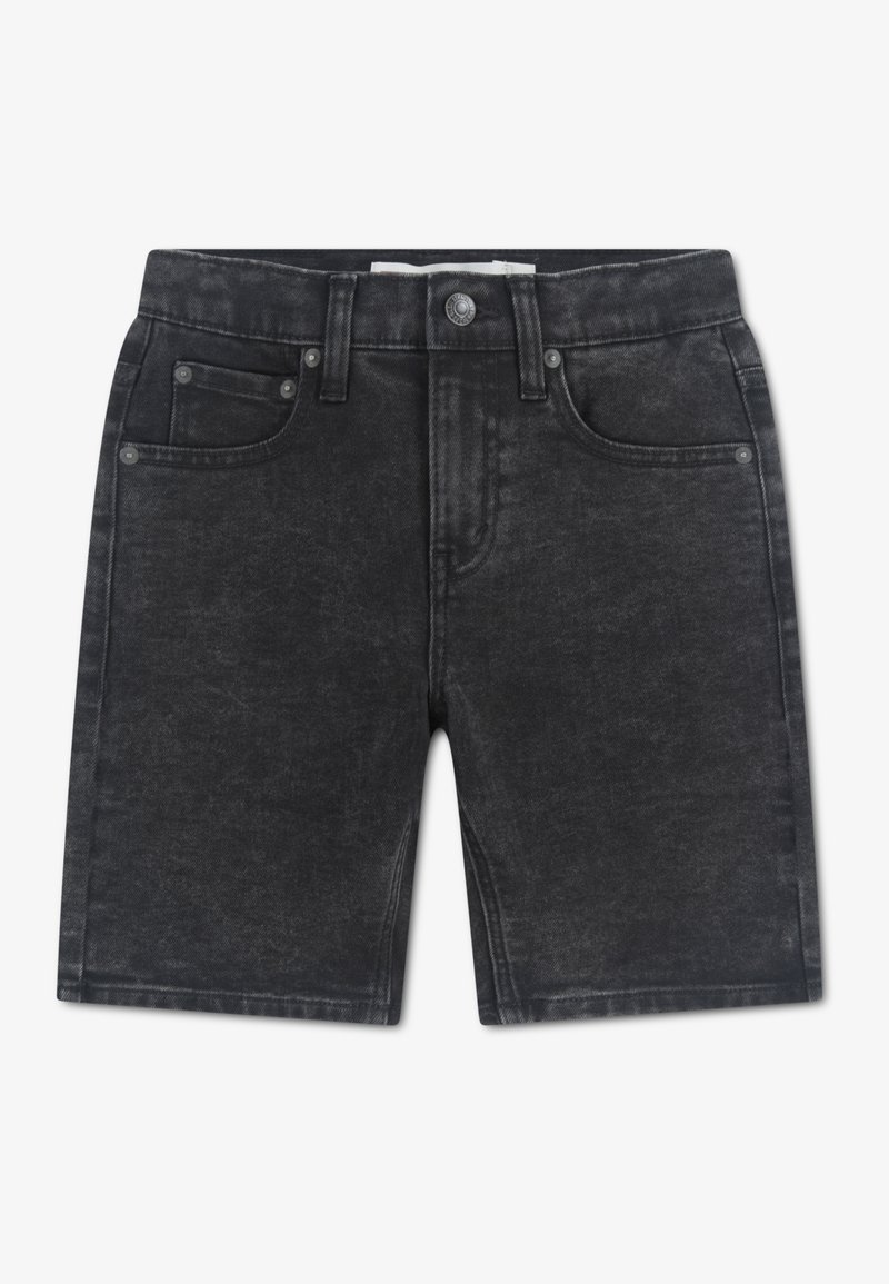 Μαύρα τζιν σορτς με ελαφρώς ξεθωριασμένο φινίρισμα, με πέντε τσέπες, μεταλλικό κουμπί κλεισίματος και θηλιές για ζώνη. Μήκος μέχρι το μέσο του μηρού.