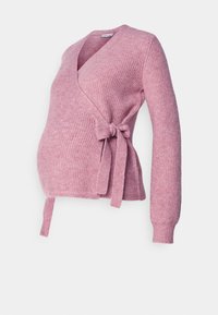 Rosa stickad graviditetswraptröja med långa ärmar, v-ringning och knytning i midjan. Mjuk textur och ribbat mönster genom hela.