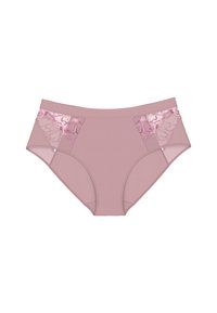 Hoogwaardige taille slip in zachtroze stof met een textuur in het midden en kanten panelen met florale patronen in donkerdere tinten roze.