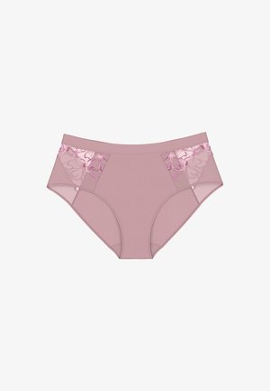Majtki o wysokim stanie w miękkim różowym materiale z fakturowanym środkiem i koronkowymi panelami z kwiatowymi wzorami w ciemniejszych odcieniach różu.
