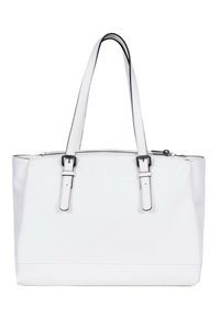Borsa tote bianca realizzata in materiale testurizzato, con accenti neri, doppio manico e chiusura con zip. Forma rettangolare semplice.