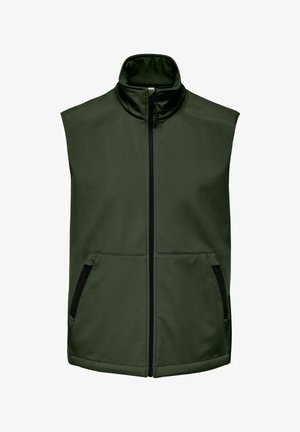 Zelena brezrokavnica z visokim ovratnikom, sprednjim zadrgo, dvema stranskima žepekoma in kontrastnimi črnimi zadrgami. Gladek, vzdržljiv material.