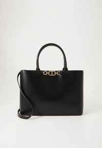 Schwarze Lederhandtasche mit einer eleganten rechteckigen Form, oberen Griffen, abnehmbarem Schulterriemen und goldfarbenen Metalldetails.