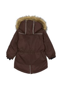 Ruda striukė su kailiu apjuosta gaubtu, elastingais rankogaliais, raišteliu juosmens srityje ir atspindinčiomis detalėmis; pagaminta iš vandeniui atsparios medžiagos.