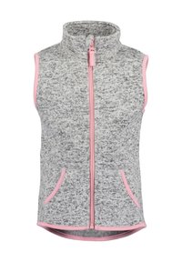 Szary polarowy kamizelka z wysokim kołnierzem, przednim zamkiem błyskawicznym, różowymi wykończeniami i dwoma bocznymi kieszeniami. Teksturowany materiał o miękkim wyglądzie.