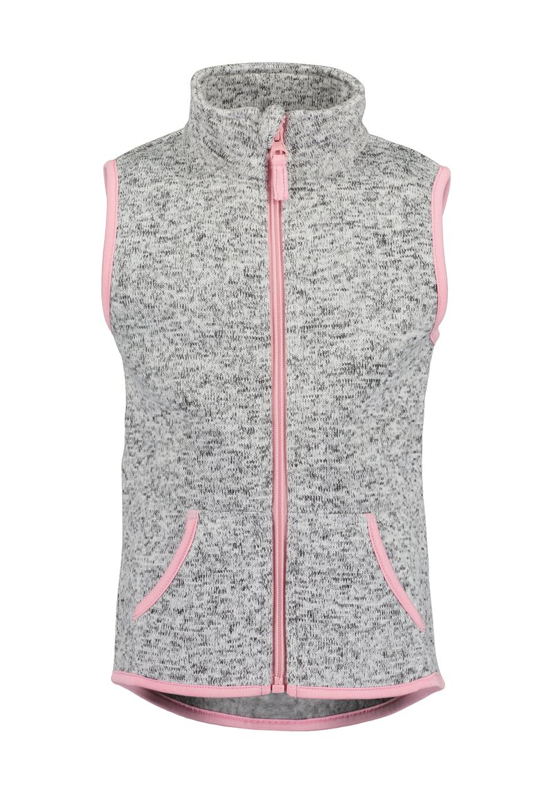 Szary polarowy kamizelka z wysokim kołnierzem, przednim zamkiem błyskawicznym, różowymi wykończeniami i dwoma bocznymi kieszeniami. Teksturowany materiał o miękkim wyglądzie.