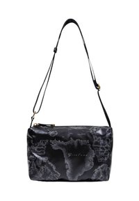 Borsa a tracolla rettangolare nera con tracolla regolabile, chiusura con zip e stampa della mappa che presenta la Groenlandia e le aree circostanti.