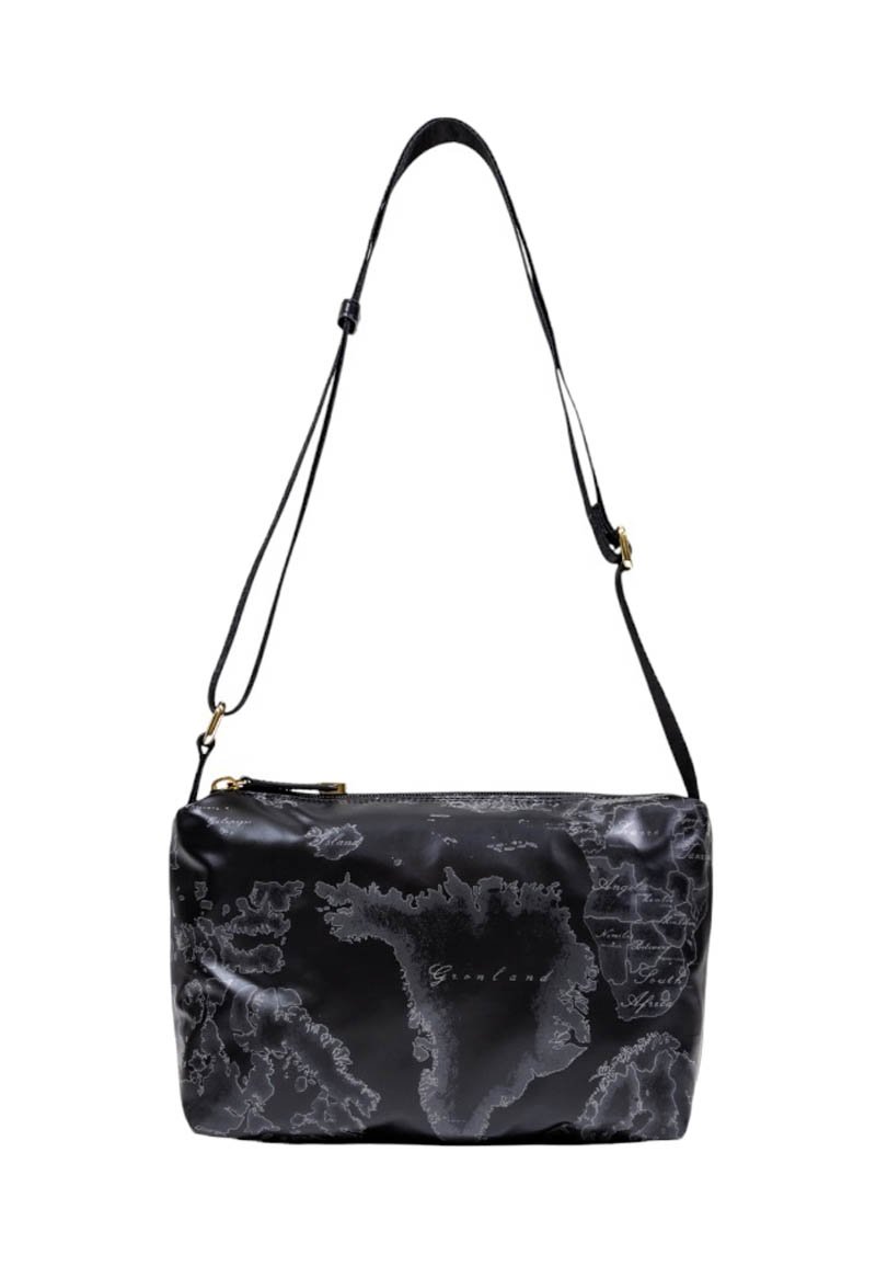 Borsa a tracolla rettangolare nera con tracolla regolabile, chiusura con zip e stampa della mappa che presenta la Groenlandia e le aree circostanti.