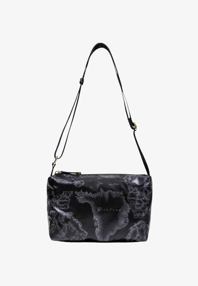 Borsa a tracolla rettangolare nera con tracolla regolabile, chiusura con zip e stampa della mappa che presenta la Groenlandia e le aree circostanti.