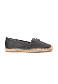 Espadrille en cuir noir avec un bout arrondi, un détail en corde de jute autour de la semelle, et un petit accent métallique sur la tige.
