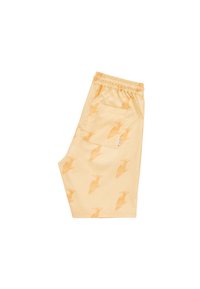 Light yellow shorts with an elastic waistband, featuring a repeating bird pattern. Includes a back pocket with a small label.