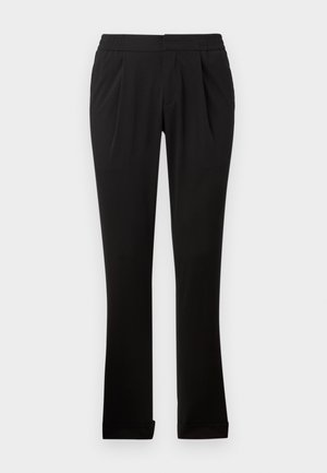Pantalons noirs en tissu lisse avec une taille élastique, des jambes droites, des plis avant et des ourlets retournés. Design simple et polyvalent.