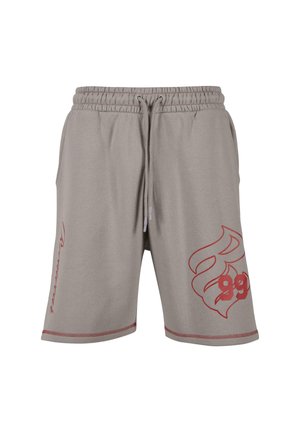 Gray cotton shorts with an elastic waistband, drawstring, and red logo and graphic accents on the left leg. Features contrast stitching.