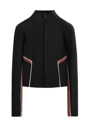 Schwarze Sportjacke mit langen Ärmeln und einem Frontreißverschluss. Design mit kontrastierenden weißen und braunen Seitenstreifen. Glatte Textur.