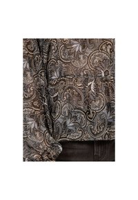 Blouse à manches longues en motif paisley foncé, avec des nuances de bleu et de crème. Tissu léger avec une coupe décontractée et des détails froncés.