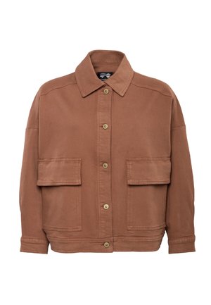 Brown oversized jacket made of textured fabric, featuring a collared neckline, front button closure, and two large chest pockets.