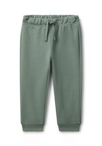 Zachte groene kinder sweatpants met elastische tailleband, voorschuifkoord en geribde boorden, plat gelegd op een witte achtergrond.