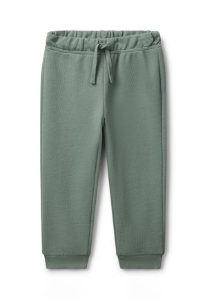 Weiche grüne Kinder-Sweatpants mit elastischem Bund, vorderem Kordelzug und gerippten Bündchen, auf einem weißen Hintergrund flach ausgelegt.