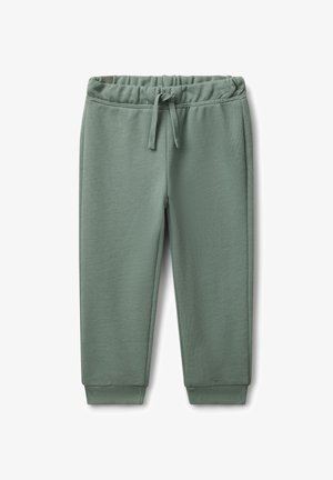Weiche grüne Kinder-Sweatpants mit elastischem Bund, vorderem Kordelzug und gerippten Bündchen, auf einem weißen Hintergrund flach ausgelegt.