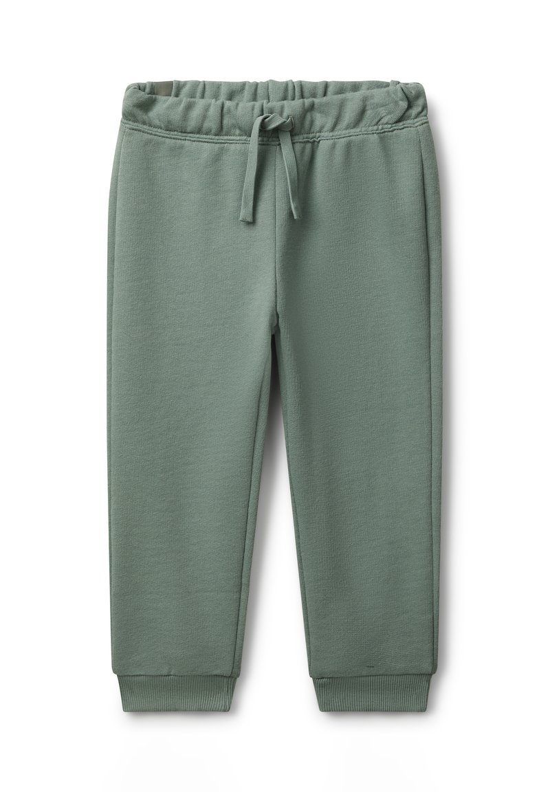 Zachte groene kinder sweatpants met elastische tailleband, voorschuifkoord en geribde boorden, plat gelegd op een witte achtergrond.