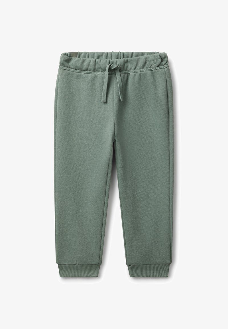 Weiche grüne Kinder-Sweatpants mit elastischem Bund, vorderem Kordelzug und gerippten Bündchen, auf einem weißen Hintergrund flach ausgelegt.