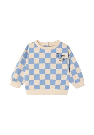 Blau-cremefarben kariertes Sweatshirt für Kleinkinder mit langen Ärmeln, mit dem Aufdruck "Team Soleil" und einer kleinen Sonnen-Grafik auf der Brust, mit gerippten Bündchen und Saum.