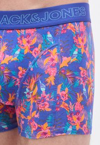 Herren-Boxershorts mit lebhaftem blauem Hintergrund und Blumen- sowie Vogelmustern in Pink, Orange und Grün. Elastischer Bund mit Markenlogo.