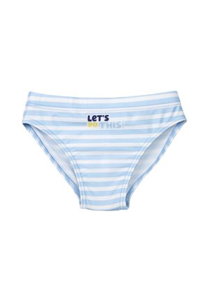 Blau-weiß gestreifte Badehose mit dem Schriftzug „LET'S DO THIS!“ in gemischtem Blau und Gelb vorne in der Mitte.
