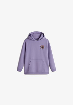 Fioletowy bawełniany hoodie z kieszenią z przodu i haftowanym wzorem na lewej piersi. Miękka tekstura, luźny krój i regulowany kaptur.