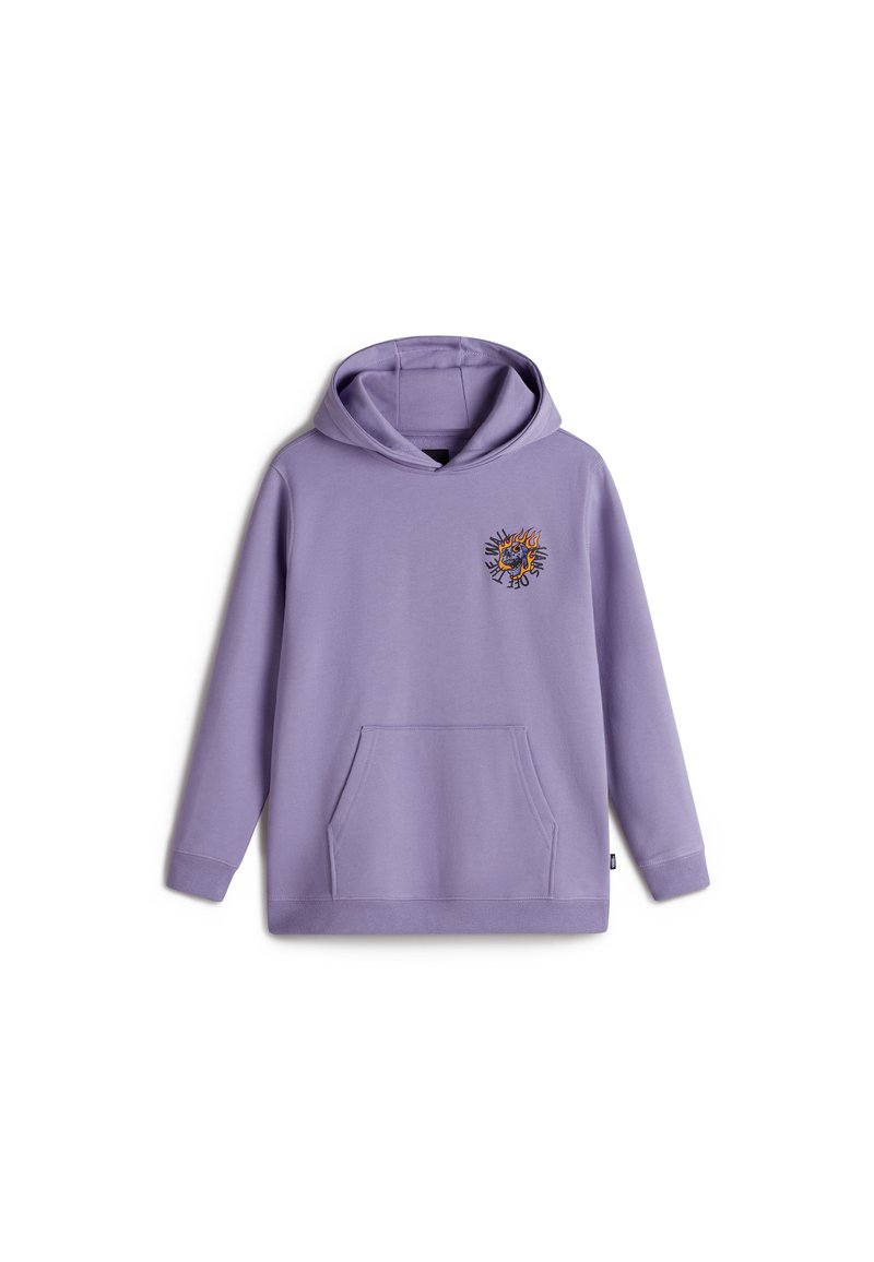Paarse katoenen hoodie met een voorzak en een geborduurd ontwerp op de linkerkant van de borst. Zachte textuur met een relaxte pasvorm en een verstelbare capuchon.