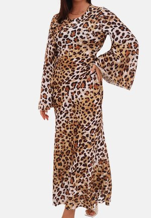 Lange jurk met luipaardprint van zachte stof, met wijde mouwen, een ronde halslijn en een vloeiende silhouet in een mix van bruine, zwarte en witte tinten.