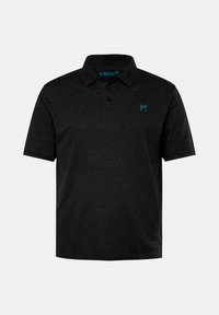 Tmavě šedé polo tričko s límečkem, třemi knoflíky a malým modrým logem na levé hrudi. Vyrobeno z měkkého texturovaného materiálu.