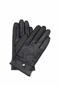 Czarne skórzane rękawiczki o gładkiej fakturze, z pięcioma palcami i szarym wełnianym mankietem z detalem w postaci zatrzasku.