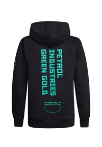 Sudadera negra con capucha que presenta un audaz texto turquesa en la parte posterior, que incluye "PETROL INDUSTRIES" y "GREEN GOLD", con puños y dobladillo acanalados.