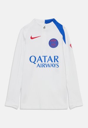 Maillot à manches longues blanc avec un accent bleu sur une épaule, logo Nike rouge et texte "QATAR AIRWAYS" en bleu, comportant une fermeture éclair partielle au col.