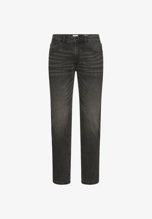 Donkergrijze slim-fit jeans met vijfzakkenontwerp, knoopsluiting en subtiele vervaging op dijen en knieën.
