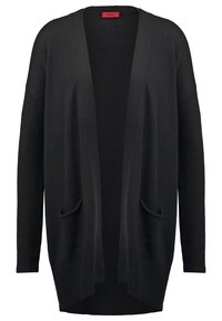Cardigan noir ouvert sur le devant, manches longues, deux poches à l'avant et une étiquette rouge à l'intérieur du col.