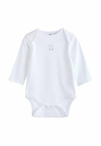 Fehér, hosszú ujjú baba rugdalózó, puha anyagból készült, kis kék medve hímzéssel a mellen és patentos záródással az alján.