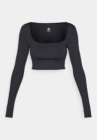 Čierny crop top s dlhým rukávom a štvorcovým výstrihom, vyrobený z hladkej tkaniny, s priliehavým strihom a minimom švov.