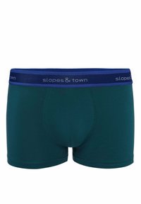 Męskie szorty bokserskie w ciemnozielonym kolorze z miękkim, elastycznym granatowym paskiem w talii z logo "slopes & town". Gładka faktura, dopasowany krój.