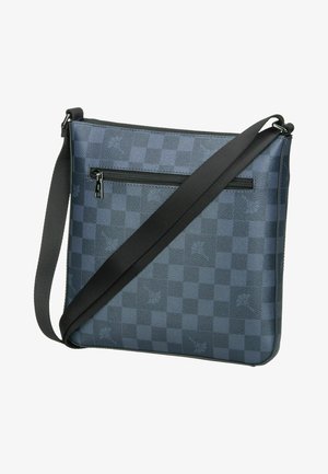 Kék kockás mintázatú keresztpántos táska, texturált szintetikus anyagból, cipzáras zsebbel és fekete pánttal.