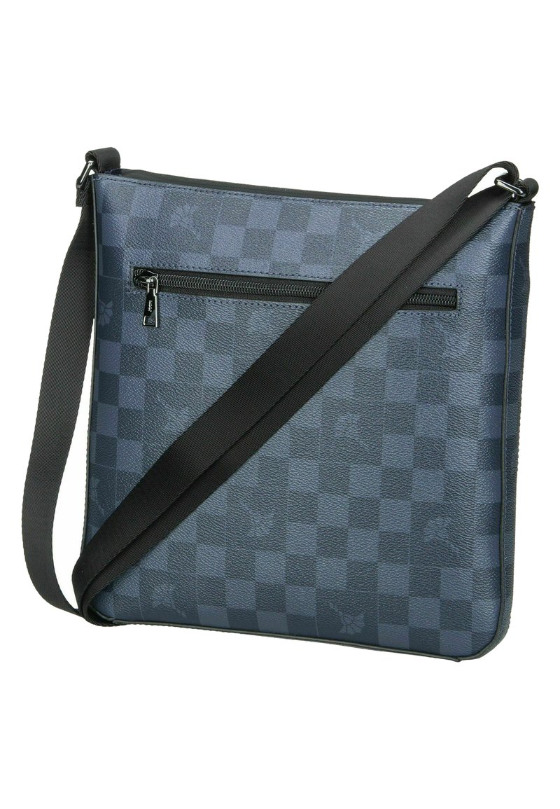 Kryssmønstret crossbody-veske i blått laget av teksturert syntetisk materiale, med en glidelåslomme og en svart stropp.