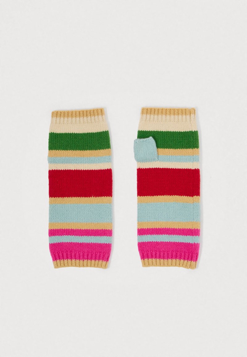 Gants sans doigts tricotés dans des rayures vibrantes de rouge, vert, rose, bleu et beige. Présentent des poignets côtelés et un trou pour le pouce sur un des gants.
