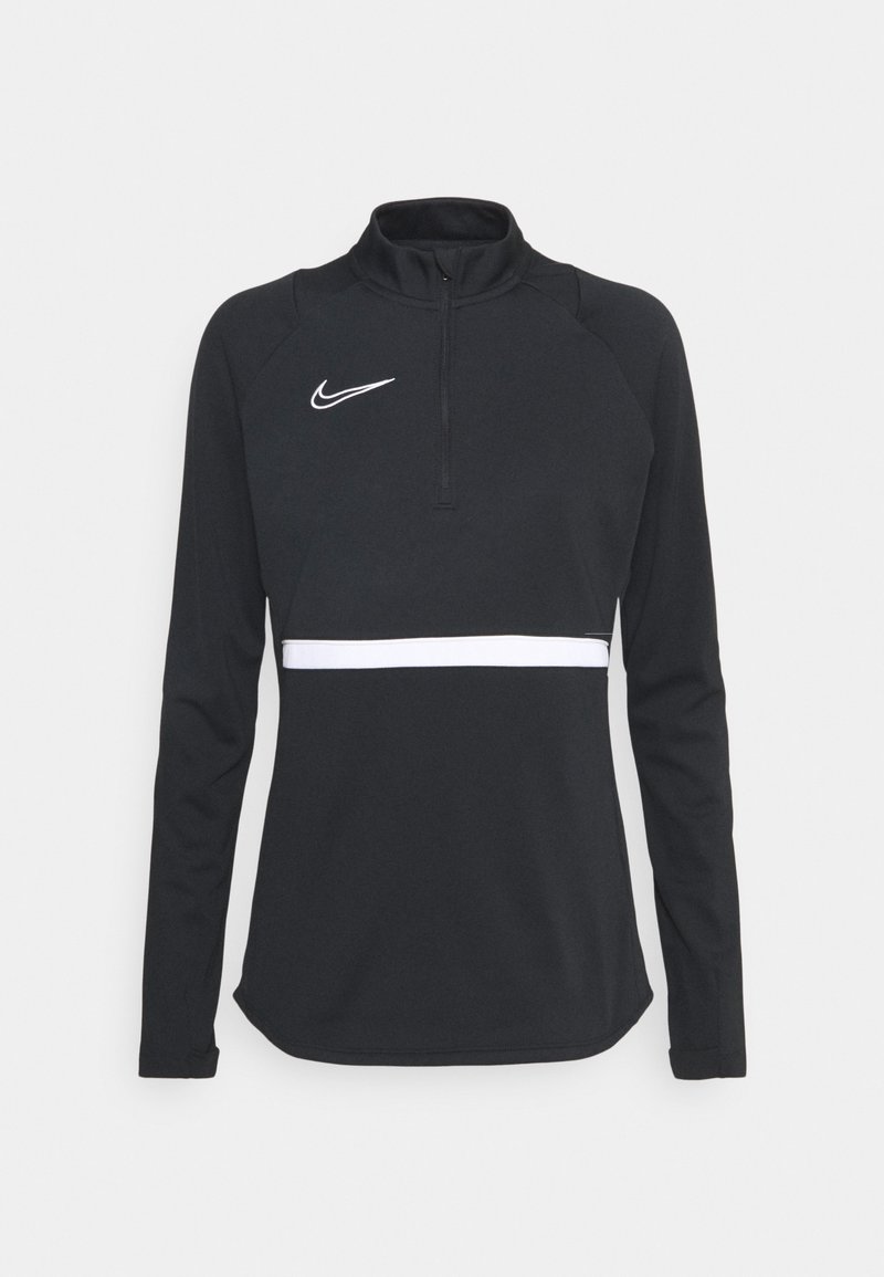 Haut de sport noir à manches longues avec un logo Nike blanc sur la poitrine, une bande horizontale blanche au niveau de la taille, et un col à fermeture éclair quart.