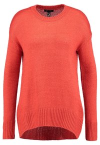 Korálově pletený svetr s kulatým výstřihem, dlouhými rukávy a rozparkem na spodním okraji. Vyrobený z měkké, texturované příze s volným střihem.