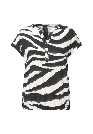 Mustat ja valkoiset seepra-raitaiset puserot, joissa on lyhyet hihat, V-pääntie ja toimivat napit. Varustettu kerätystä helmasta rentoa istuvuutta varten.