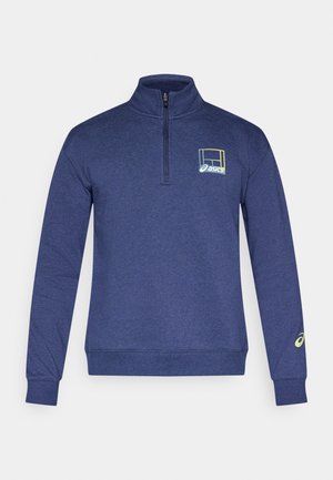 Tumši zils ceturtdaļzipa džemperis no mīksta auduma, ar dzeltenas un zilas krāsas logo, ribotiem aprocēm un apakšmalu piegulošai silueta formēšanai.