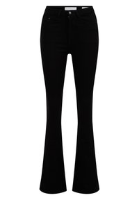 Black flared jeans with a fitted waist, zipper fly, and five-pocket design. Smooth denim texture with no visible patterns or embellishments.