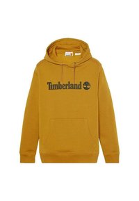 Hoodie jaune moutarde en mélange de coton, avec une poche kangourou, une capuche à cordon de serrage et un logo "Timberland" noir sur la poitrine.