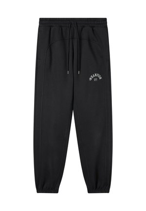 Zwarte joggingbroek met een elastische tailleband en een trekkoord, zijzakken en een klein geborduurd logo op de voorkant.